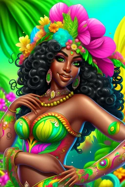 Create a digital airbrush cartoon of a curvy African American female wearing Brazilian carnaval outfit outfit that's pink, green and white. Prominent make up with hazel eyes. Highly detailed very long extremely curly black hair. Her skin is smooth and silky. Background of a judge full of colorful flowers