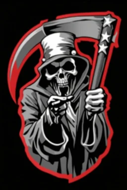 Grim-Reaper gripping scythe and pointing like uncle sam, vignette, black and white vector with a red outline, and black background, biker style