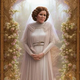 hyperspace background, complete and photo realistic detailed head to waist stunning photo realistic portrait of carrie fisher as Princess Leia in star wars with photo realistic wedding hairstyle by Mandy Jurgens and mucha and Richard Schmid and chuck close and chie yoshii, extraordinary and detailed ceremony dress of star wars,brown eyes