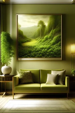 a moss painting in a gold frame in the living room