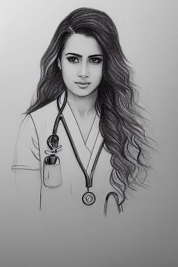 Pencil sketch of Young woman , nurse , Arab features,sad, long wavy hair, full body، on lined paper