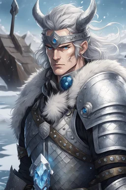 in anime style,1older man, a older man with blue eyes and black hair man in silver Viking armor with fur around the neck with blue crystal on necklace standing in the water holding an axe in his hands standing outside a city on an artic tundra, warrior in anime style,