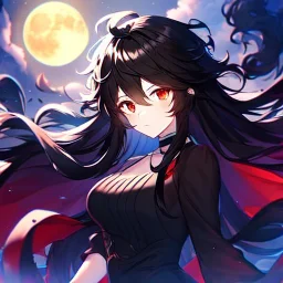 girl, masterpiece, best quality, volumetric lighting, dynamic pose, detailed outfit, perfect eyes, black hair, red eyes, messy hair, long hair, moon,