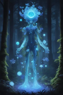 At night, the Forest Spirit transforms into the Night Walker or Daidarabotchi, a towering, translucent, and more abstract figure that glows with a blue light. In this form, the spirit's steps cause the vegetation to grow and wilt, highlighting its role as a giver and taker of life. Glowing floating flowery balls represent the essence of the forest