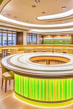 Oval-shaped restaurant consisting of one large table in the middle of the table there is a kitchen