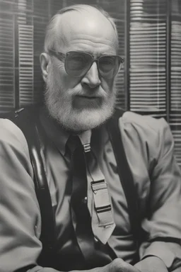 A portrait of a man in hir 50s. From the future