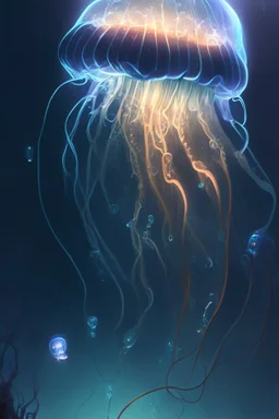 Cartoon jelly fish, electric bolts lighting up the dark ocean, , highly detailed, digital painting, artstation, concept art, sharp focus, illustration, Pixar and Disney animation, Art by greg rutkowski and alphonse mucha, masterpiece, stunning, 8k resolution,