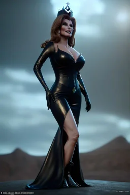 Raquel Welch as evil queen in black leather gown, angry, busty, curvey, cleavage, unreal 5, octane render, cinema4d, dynamic lighting, dramatic lighting, 4k, redshift render, highly detailed, hyper realistic