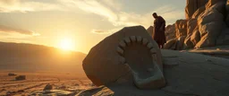 Scene: A wide desolate rocky landscape Action: One enormous imprint in the stone from a foot Lighting: Sunset or moonlight casting long shadows Caption placement: Floating above the scene or carved into stone In the background and from below, we see an enourmous giant man with ancient clothing