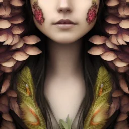 Portrait of beautiful girl, face dept of field,face shining, plant, metal, feathers,central weight average, CWA Dryad, fae, sidhe, ominous, nature, plants, wildflower sparkle,wildflower 3d view, facepaint, dnd character portrait, intricate, oil on canvas, masterpiece, expert, insanely detailed, 4k resolution, retroanime style, cute big circular reflective eyes, cinematic smooth, intricate detail , soft smooth lighting, soft pastel colors, painted Renaissance style,sharp fucus, bokeh,macro lens,