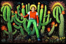 exquisite handcolored steel engraving captures. "Jamie, a footloose and self-absorbed young American, is traveling in Chile and is keen to experience the mysteries of a local hallucinogen — the mescaline-bearing San Pedro cactus." explosive contrast of brilliant colors. magical strokes, insanely detailed textures, complicated background, disturbing, scribbling. magical whimsical world. after Paul Gauguin. after Jacek Yerka. after Catrin Welz-Stein. black and gold, background in graphic and water