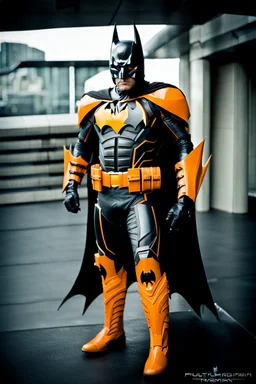 Batman in futuristic orange armor, photograph