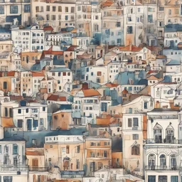 lisbon city view, azulejos tiles, handrawn style, indie, folksy