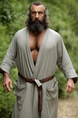 1970's massive male muscular strong man , Turkish, hairy chest, age 42, muscle daddy, long beard, curly hair, oiled, armpits, in a wood, viril chest, bathrobe