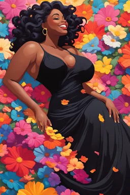A sassy thick-lined oil painting style cartoon black female lounging lazily on her side, surrounded by colorful large flower petals. her curvy body silhouette a black maxi dress. Looking up coyly, she grins widely, showing teeth. Her poofy hair forms a mane framing her confident, regal expression.