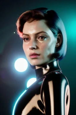 Ultra Realistic retro sci-fi scene, portrait, brunette woman, sweet Monica Belucci face, perfect iris, glow eyes, makeup. Alien Saturn background, Retro sci-fi style, helmet, tight latex coat, fog, rain, soft color, highly detailed, unreal engine 5, ray tracing, RTX, lumen lighting, ultra detail, volumetric lighting, 3d, finely drawn, high definition, high resolution.