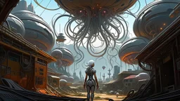 worms-eye view of a woman in a silver robotic catsuit standing in a futuristic derelict alien city with mushrooms with tentacles floating in the sky, Ian McQue