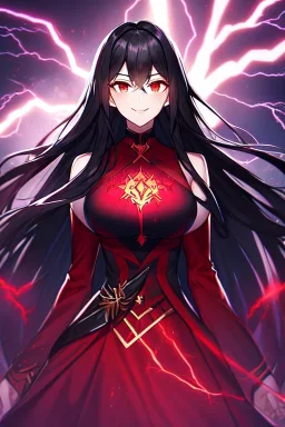 girl, masterpiece, best quality, cinematic lighting, detailed outfit, vibrant colors, perfect eyes, black hair, long hair, vibrant red eyes, lightning magic, angry, smile, evil look,