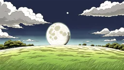 giant virtual moon, maximum quality, centered on frame, far view, in the middle of a grassy hill, white sky with cumulonimbus, manga