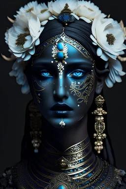 Beautiful faced young ancient Troyan woman portrait, adorned with Troyan Empire style decadent vantablack dark techno white and light blue colour star rose and white floral and vantablack colour gradient ancient Troyan gold flower, black floral, with half face metallic etherialism vantablack Troyan and white ancient Troyan ornated masque wearing ancient Troyan ornate beautiful beads, pearls costume organic bio spinal ribbedd detail of Troyan background extremely detailed hyperrealistic portrait