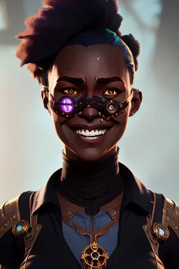 portrait,beautiful black woman smiling, post-apocalyptic in a steampunk city, realistic, intriacte detail, sci-fi fantasy style, volumetric lighting, particales,highly detailed,cinamatic, deep colours,8k