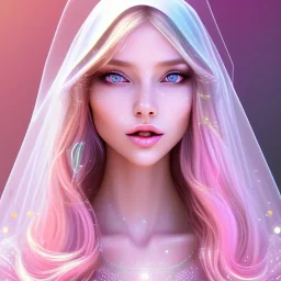 beautiful, soft, big smile face, whole head, long straight blonde hair blues eyes, crown on the head, clothing in transparent bluish and pink veil, background brillante bluish and pink, hight definition, 8K