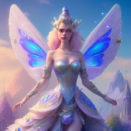 fairy in a blue and violet landsacape with multicolored crystals falling from the sky, full of details, smooth, bright sunshine，soft light atmosphere, light effect，vaporwave colorful, concept art, smooth, extremely sharp detail, finely tuned detail, ultra high definition, 8 k, unreal engine 5, ultra sharp focus