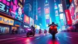 A futuristic race through a neon-lit city, where flying motorcycles leave trails of light as they zoom between towering holographic advertisements. Photographic quality and detail, award-winning image, beautiful composition.