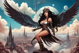 exotic sci-fi steampunk pin-up girl, with long dark hair and wings, on an alien planet with cloud trees, tall spires, buildings, bridges, arches