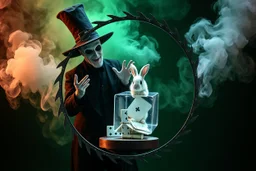 ai magic show presentation wow effect smoke bunnies awesome awesome yoga magician with scary hat on awake within a dream inside a circular saw blade Alice in wonderland and cards with crosses and bunny inside a big transparent dice all contained within a circle that has only green color on its background outside