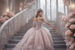 quinceanera bucket glower dresse with royal silvers adorned roses women talking through glass stairs 4k dreamy styled anime style