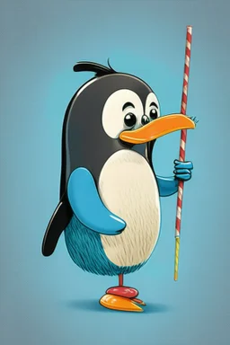 Cartoon character penguin eating lolly stick