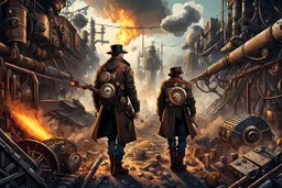 Illustration of a Steampunk Explorer in a Post-Apocalyptic Atmosphere. The condition of being surrounded by machine parts. Mechanical UI And Post Apocalyptic Landscape, Surreal Steampunk Art Style, Reality,. Isometric Asset Style,. Super Details,. Cinematic. Very Focused. HyperRealistic