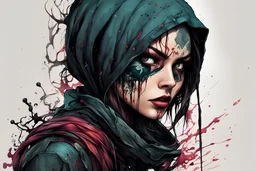 highly detailed full color, concept illustration of a , world weary, female thief anti heroine character , maximalist, sharp focus, highest resolution, in the styles of Alex Pardee, Denis Forkas , and Masahiro Ito, boldly inked, 8k, coarse, gritty textures