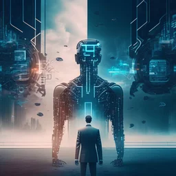 Create a visually striking scene that showcases the relationship between a human and AI, emphasizing human control over ai. The focus should be on the man getting power from technology for business improvement