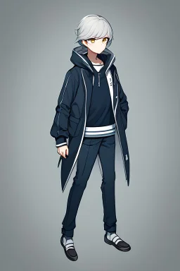 a teenage boy in school uniform, 1 boy solo portrait, greenish grey hair, simple background, full body, fully clothed, danganronpa, long hoodie coat, monocle