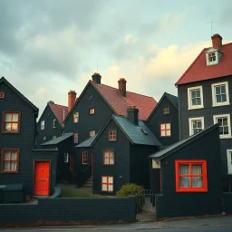 Fotografia di strada assurda e falsa orripilante weirdcore dai colori vivaci. Noe. Non luogo falso, inusuale. Max Ernst. Le case sono false e dipinte di nero chiaro con cose stilizzate e dettagli. Ci sono finestrelle false quadrate, che danno un senso distopico e molto surreale, disposte in modo casuale. L'atmosfera generale sembra noiosa e onirica, con un contrasto tra elementi reali ed elementi dipinti falsi, René Magritte