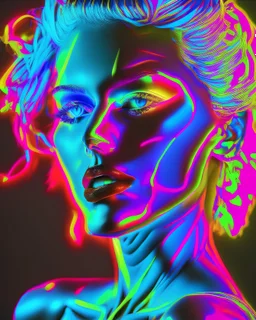 A vibrant portrait of a figure adorned with neon body paint that seems to glow under a black light, in the style of pop art, electric colors, strong contrasts, and a sense of energy, inspired by the works of Andy Warhol and Roy Lichtenstein, celebrating the beauty of self-expression and the human form.