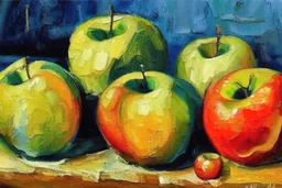 Abstract impasto oil painting of an apples on a table in the style of cezanne style of William Turner