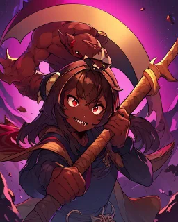 Black girl, brown hair and freckles on her cheeks, red eyes, has sharp teeth, wears a male battle outfit, has a large axe, hair covers one of her eyes, she is tall and strong, brown skin tone, her main color is purple and black