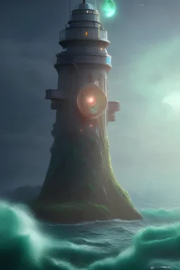 infinity malachite lighthouse on a glittering astral sea, spectacular fantasy landscape concept art,