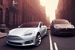 A Tesla 'Model Y' is parked, in Greenwich Village, in Manhattan. CINEMATIC. WIDE ANGLE LENS. PHOTO REAL.