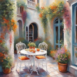 Oil paint,Colourfull,Beautiful open courtyard with white wrought iron table and chairs set for a refreshing lunch. Lots of plants and flowers. Vines climbing the walls.