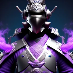 samurai purple masked villain in galaxy, teal and purple smoke, detailed, realistic, 4k