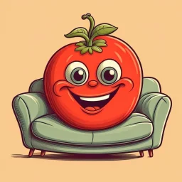 A TOMATO SHE HAS HANDS TWO EYES TWO LEGS A NOSE AND MOUTH SMILING SITTING ON A COUCH