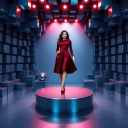 make a picture pretty stage made of metallic blue-gray teme 3d recursive cubic and sphere and cylinder base structures and a beautiful fashion model lady standing in scene with dark red top and pretty pleated midi skirt ,makeup curvy long hair,nice high heels,dynamic camera zoom to full body ,dynamic lights.