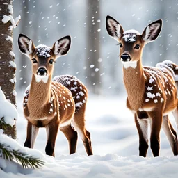 Cute DEER CUBS, happy, extreme details, in the SNOWY FOREST, close-up, snowy day, heavy snow, snowflake, merry Christmas, , ultra hd, realistic, vivid colors, highly detailed, UHD drawing, pen and ink, perfect composition, beautiful detailed intricate insanely detailed octane render trending on artstation, 8k artistic photography, photorealistic concept art, soft natural volumetric cinematic perfect light