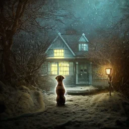 sad, scared, lonely dog tied with a short leash outside of a house, winter, 8k resolution, high-quality, fine-detail, intricate, digital art, detailed matte, volumetric lighting, illustration, 3D octane render, brian froud, howard lyon, selina french, anna dittmann, annie stokes, lisa parker, greg rutowski