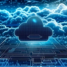 Futuristic cloud computing technology on background of microcircuit elements, microchip circuit board, a neon cloud floating microchip technology and cloud computing in the world of IoT