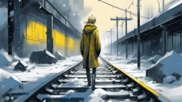 modernist style, A realistic charcoal sketch of abandoned train tracks cutting through a post-apocalyptic urban landscape in winter, with a female Black figure dressed in a heavy coat, snowflakes falling around her as she walks along the tracks., navy blue, white and bold yellow color scheme, scandinavian vibe, diffused pale light, art nouveau, soft colors